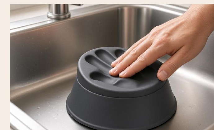Hand pressing Palmpress over a home kitchen sink drain