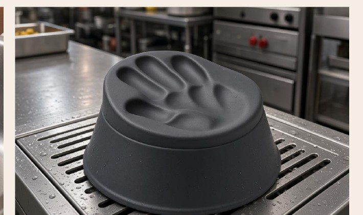 Palmpress on a commercial stainless kitchen drain